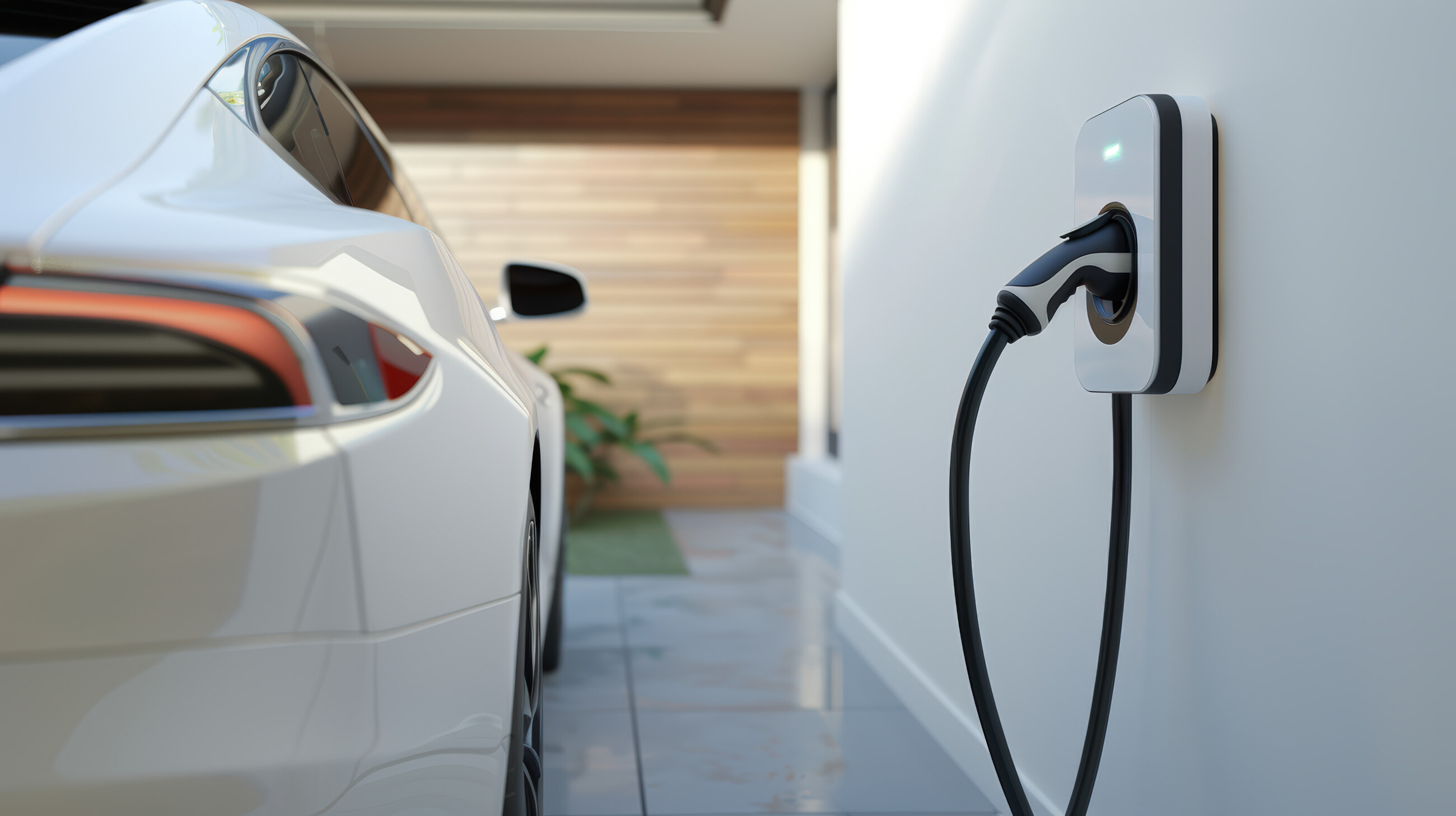 Voiture blanche branchée à une borne de recharge murale dans un garage