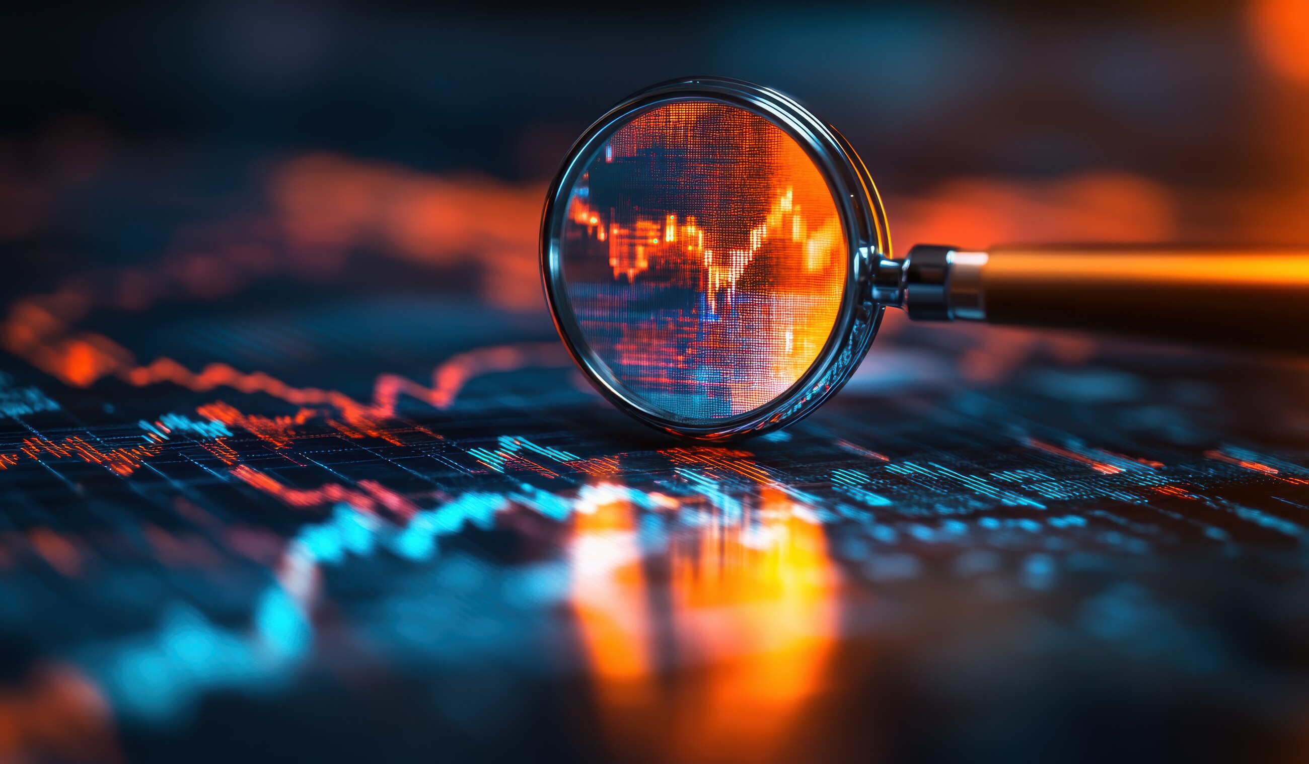 Loupe posée sur des courbes et graphiques économiques lumineux