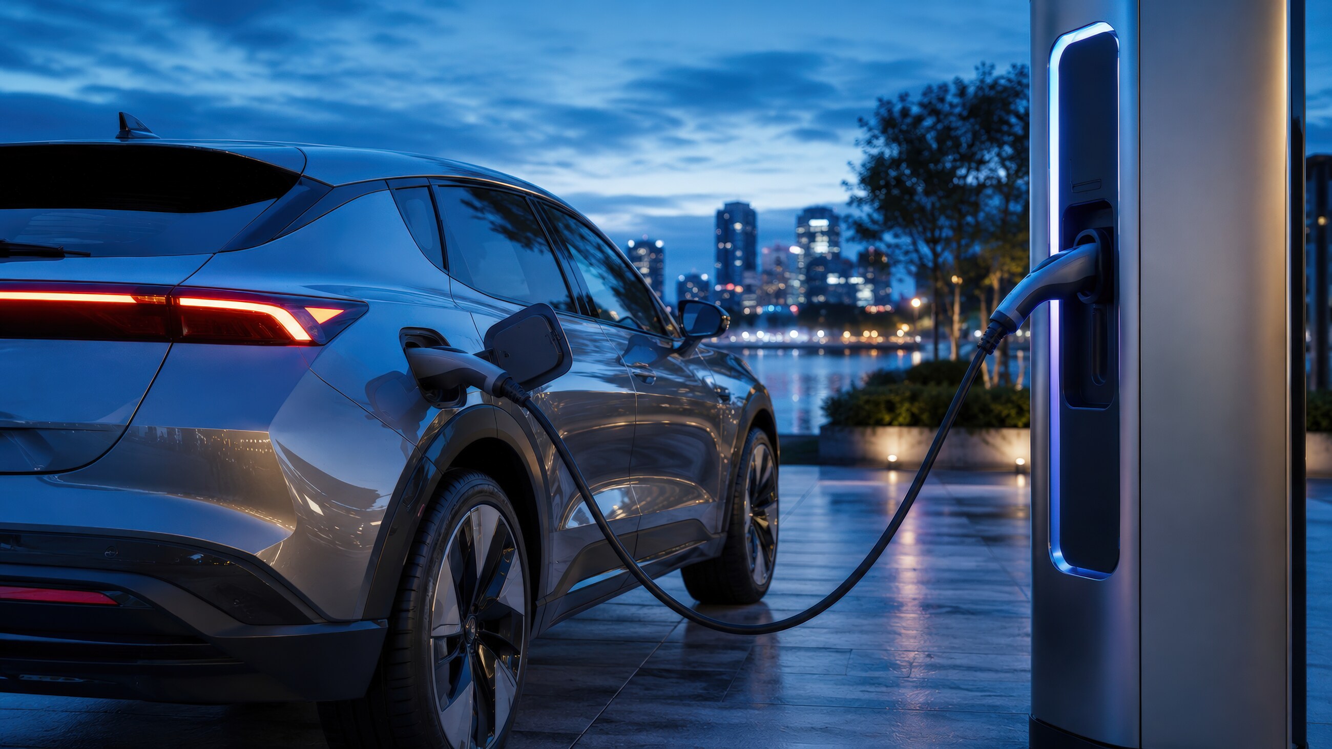Véhicule électrique branché à une borne de recharge devant une ville au crépuscule