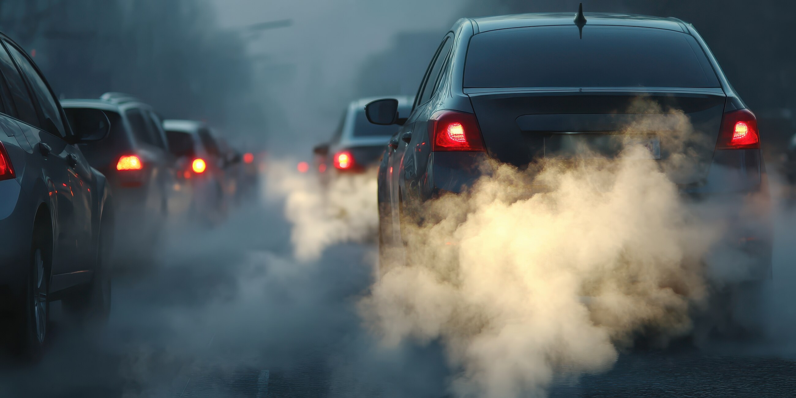 Panache de gaz d'échappement derrière une file de voitures à l'arrêt