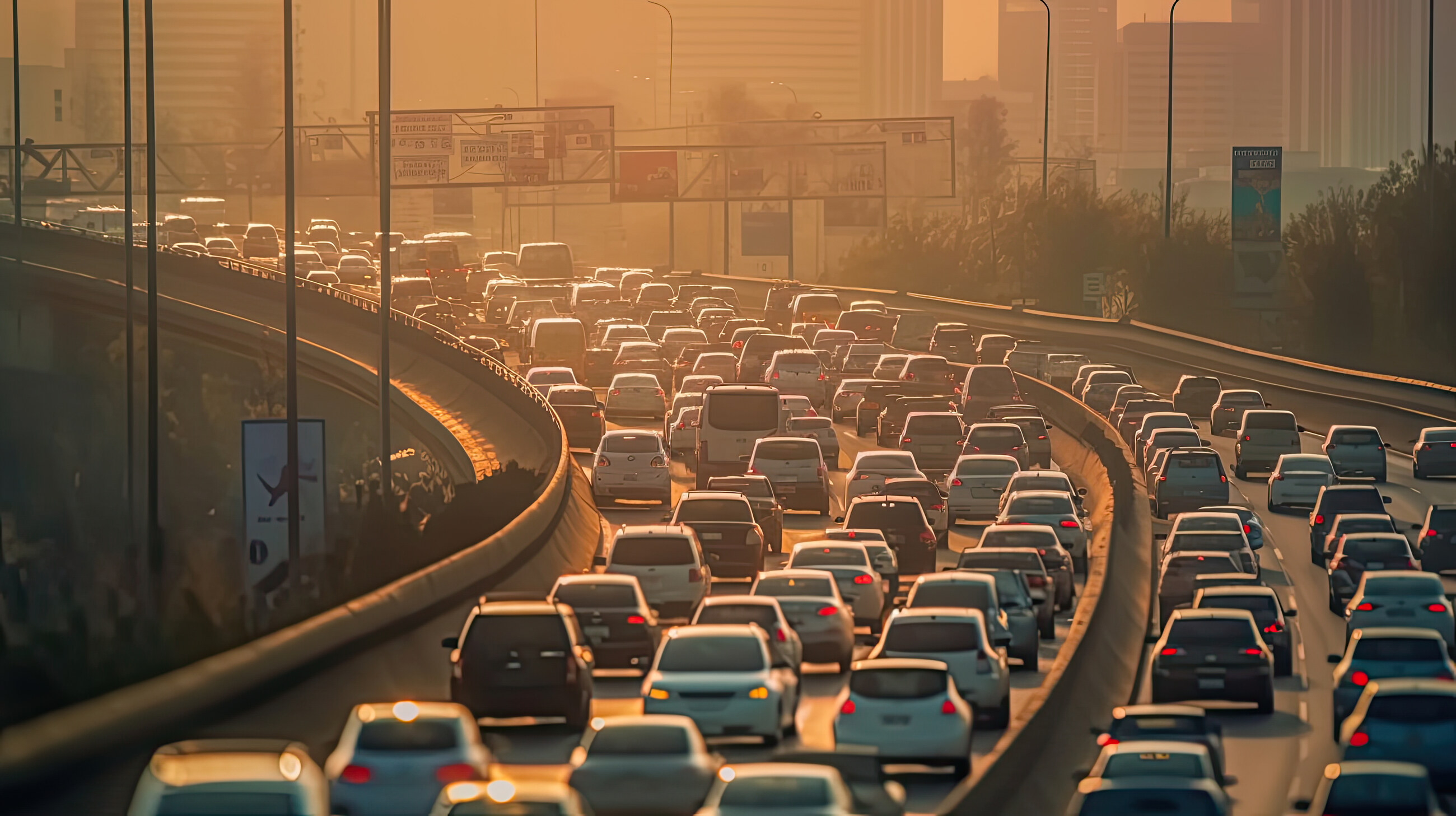 Files de voitures pare-chocs contre pare-chocs sur une autoroute urbaine au soleil couchant