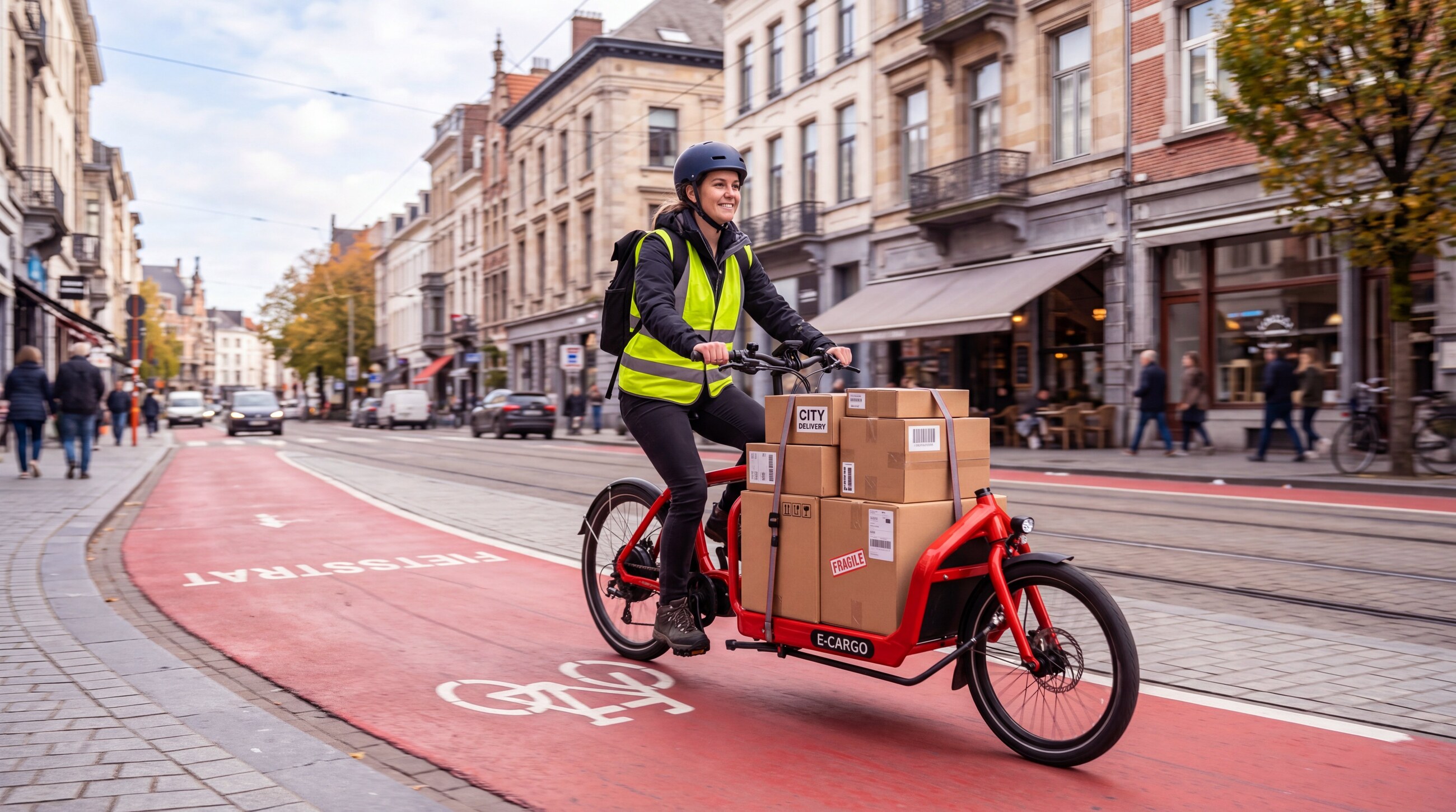 Cycliste livreur sur un vélo cargo chargé de colis dans une rue commerçante