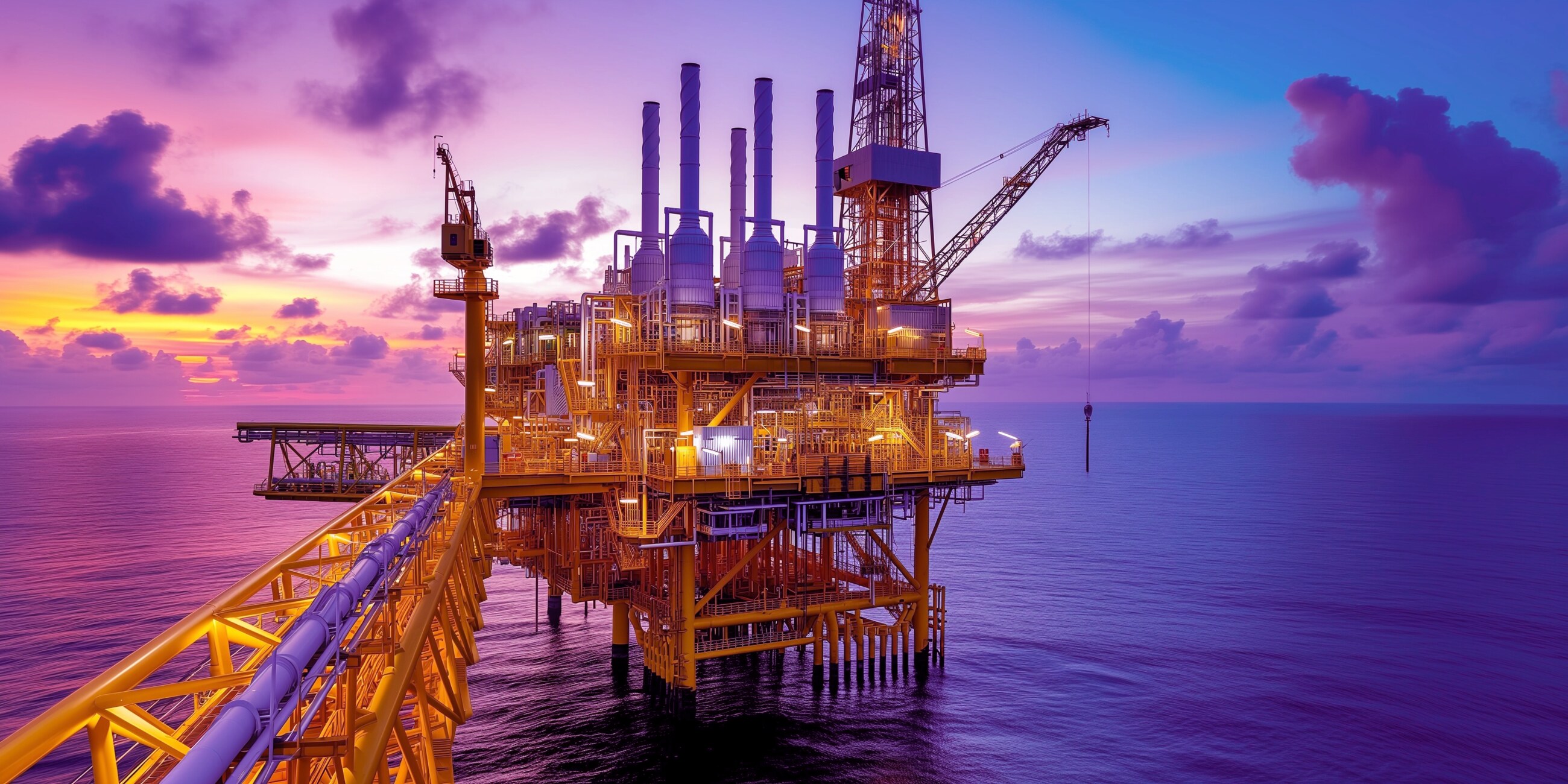 Plateforme pétrolière offshore éclairée sous un ciel coloré