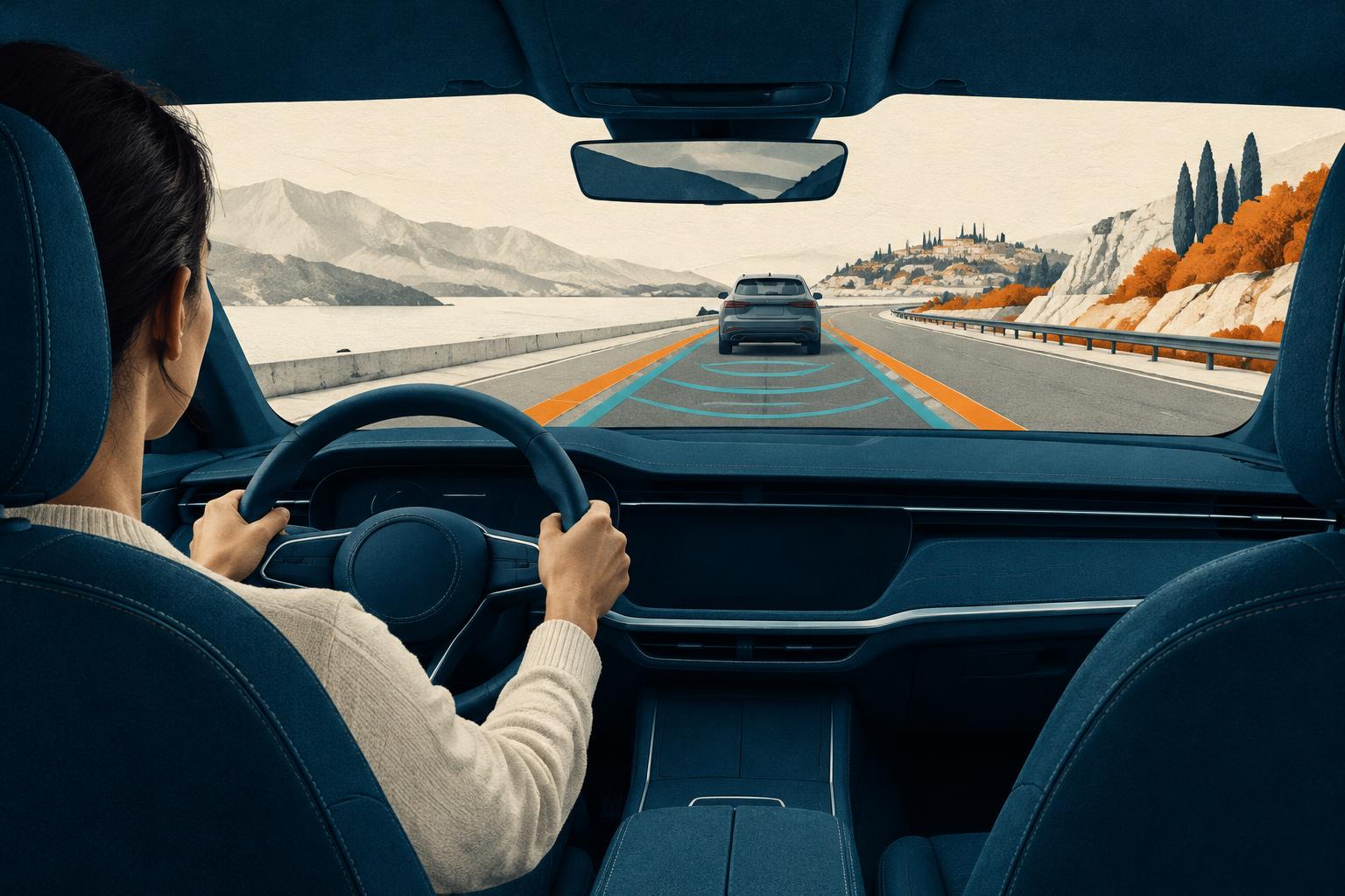 Illustration éditoriale : assistance à la conduite, conducteur au volant